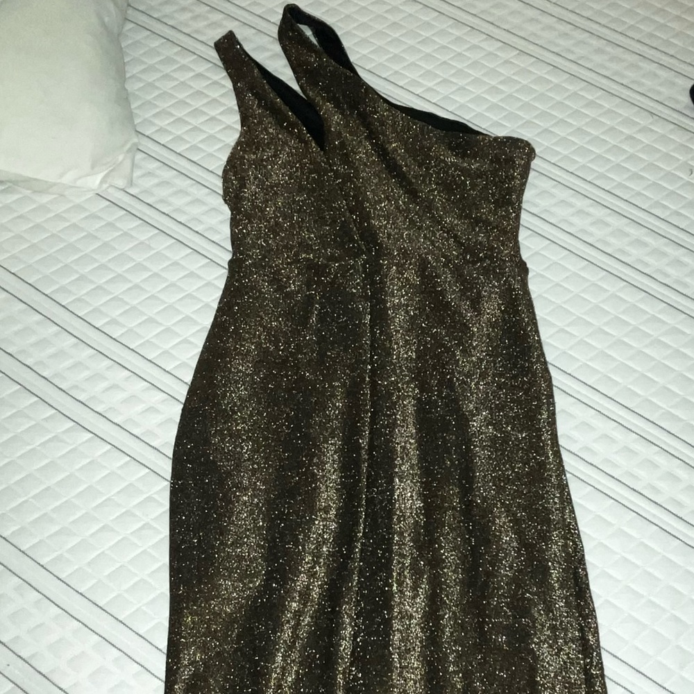 Black and gold one shoulder maxi dress